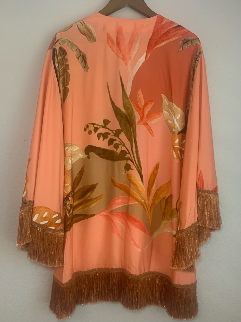 PatBO Bananier Short Coverup | Kaftan in Peach with Beaded Trim and Fringe - Picture 3 of 9